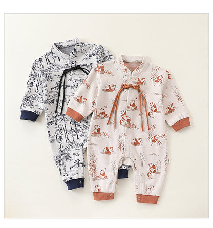 Autumn and Spring Arrival Baby Unisex Chinese Painting Pattern Long Sleeves Stand Collar Single Breasted Rompers