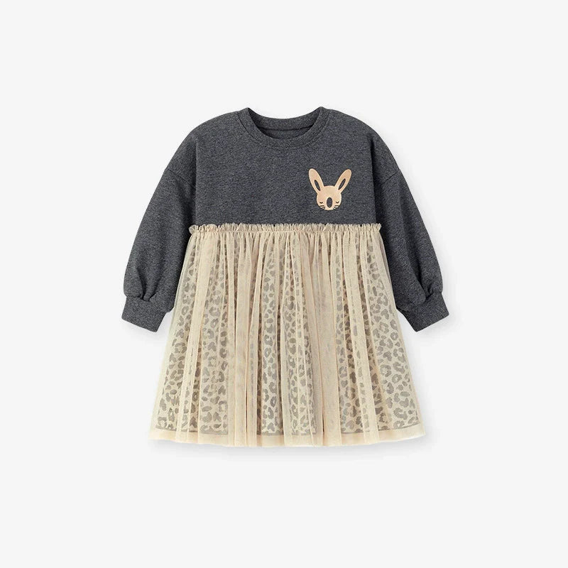 Autumn and Spring Arrival Princess Animals Pattern Long Sleeves Tulle Decorated Dress for Stylish Girls