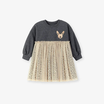 Autumn and Spring Arrival Princess Animals Pattern Long Sleeves Tulle Decorated Dress for Stylish Girls