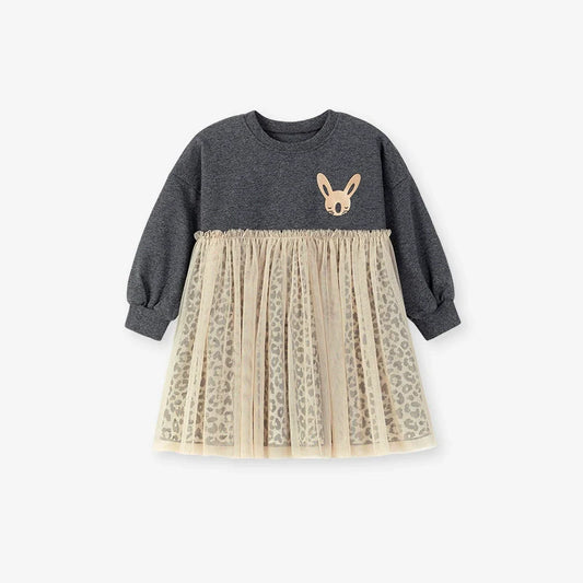 Autumn and Spring Arrival Princess Animals Pattern Long Sleeves Tulle Decorated Dress for Stylish Girls