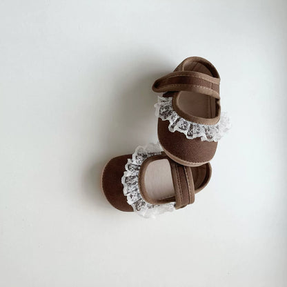 Spring and Autumn Baby Girl Fashion Lace Trim Decorated Toddler Soft-Sole Anti-slip Walking Shoes