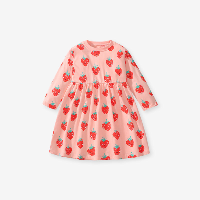 Arrival Autumn Girls Long Sleeves Cartoon Strawberry Fruits Pattern Crew Neck Dress-1