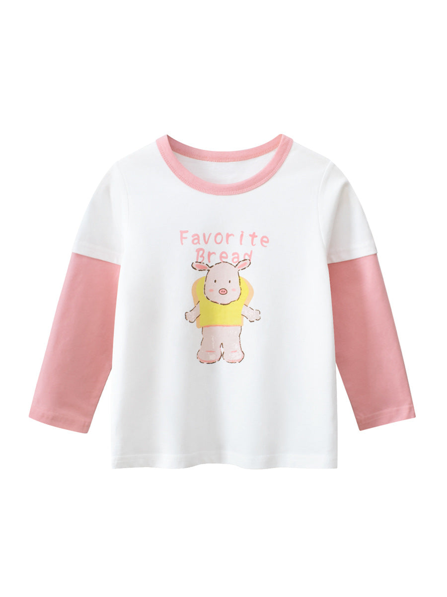 Autumn New Arrival Kids Girls Animals Cartoon and Letters Print Crew Neck Color Patchwork Long Sleeves Pullover Sweatshirt