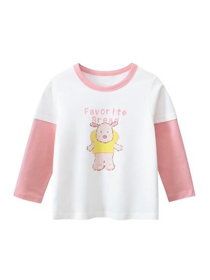 Autumn New Arrival Kids Girls Animals Cartoon and Letters Print Crew Neck Color Patchwork Long Sleeves Pullover Sweatshirt