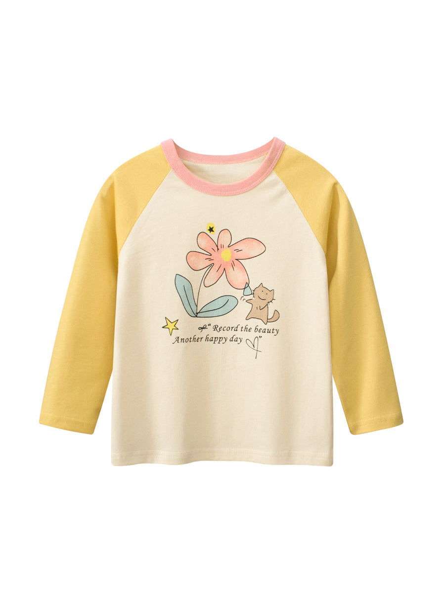 Autumn Arrival Kids Girls Flowers Cartoon Print Crew Neck Long Sleeves Color Patchwork Shirt