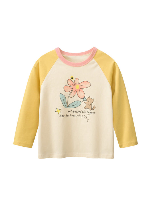 Autumn Arrival Kids Girls Flowers Cartoon Print Crew Neck Long Sleeves Color Patchwork Shirt