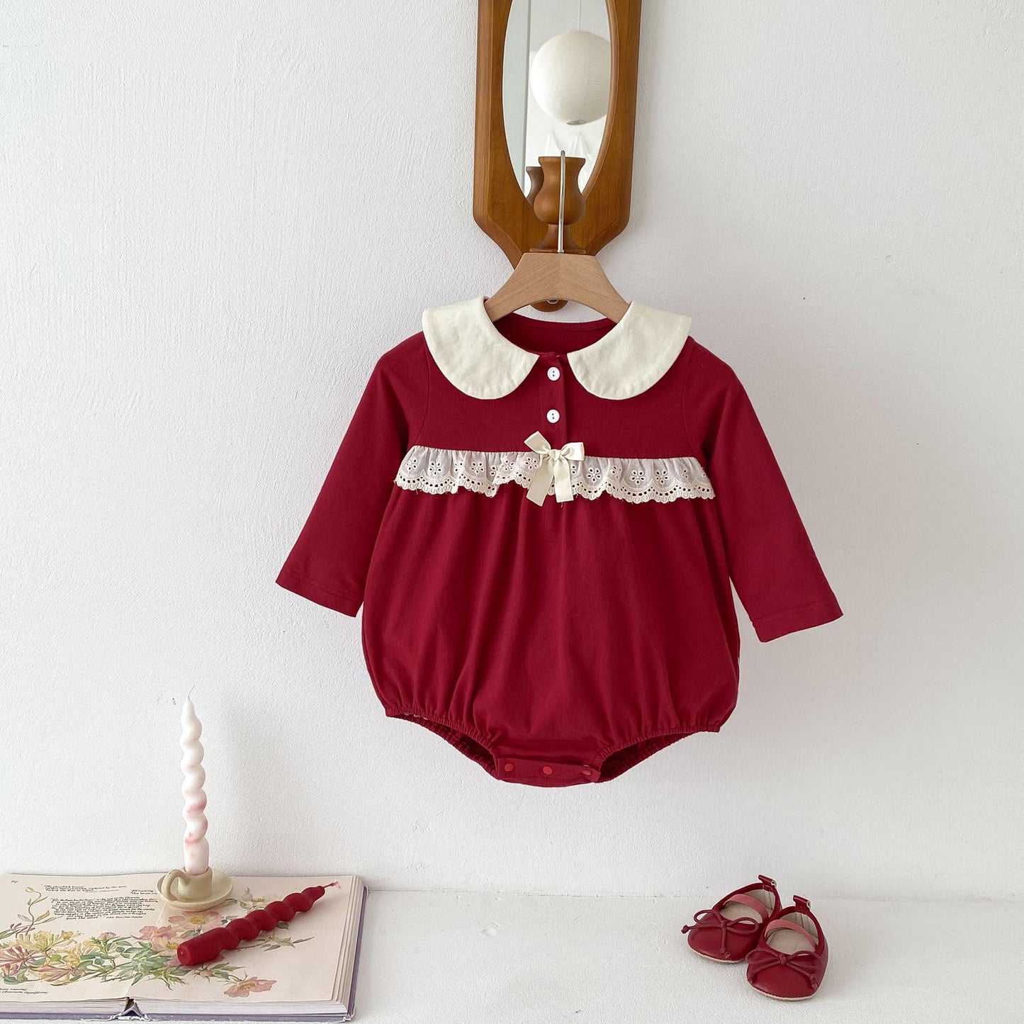 Autumn Arrival Baby Girls Long Sleeves Color Patchwork Peter Pan Collar Onesies