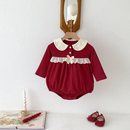 Autumn Arrival Baby Girls Long Sleeves Color Patchwork Peter Pan Collar Onesies