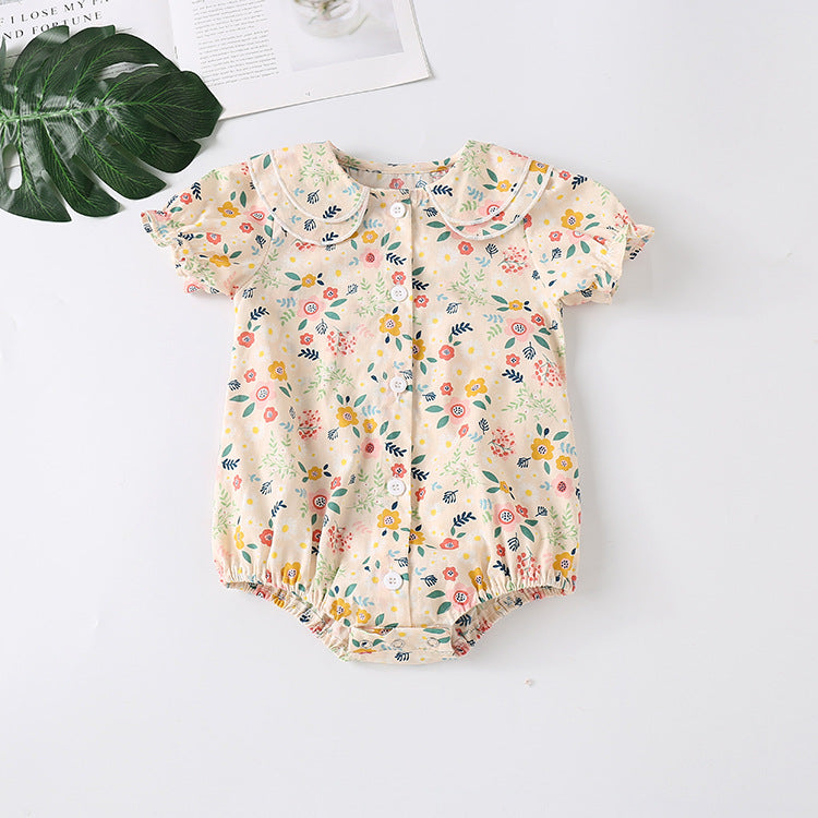 Baby Girl Froral Print Pattern Shirt With Double Collar Design Short Sleeved Onesies