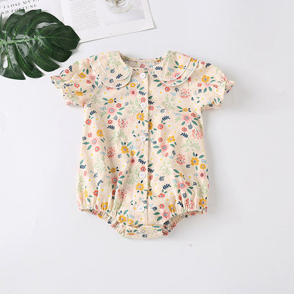 Baby Girl Froral Print Pattern Shirt With Double Collar Design Short Sleeved Onesies