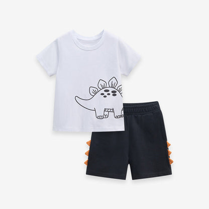 Baby And Kids Boys Dinosaur Cartoon Short Sleeves Top And Shorts Casual Clothing Set