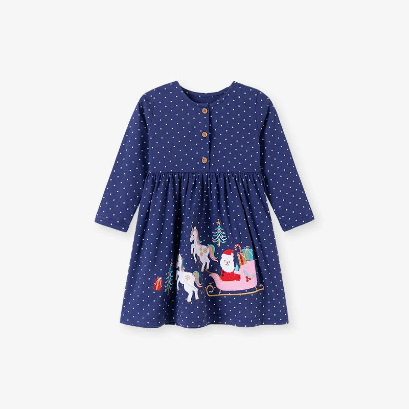 Autumn and Spring Arrival Christmas Cartoon and Dots Pattern Long Sleeves Crew Neck Dress for Stylish Girls