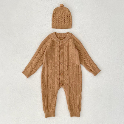 Autumn Arrival Unisex Baby’s Solid Color Geometric Jacquard Pattern Knitted Rompers