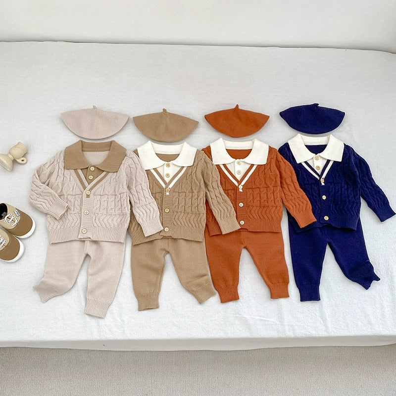 Arrival Autumn Baby Unisex Long Sleeves Geometric Pattern Knitted Top Cardigan and Long Trousers Clothing Set