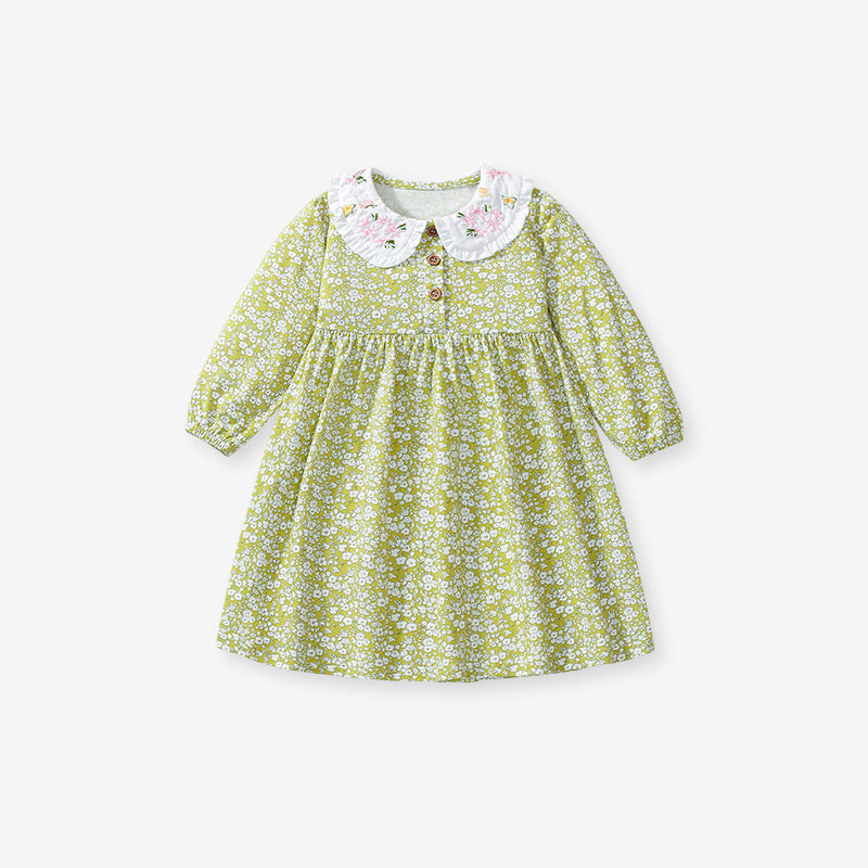 Arrival Autumn Girls Floral Print Embroidered Peter Pan Collar Long Sleeves Princess Dress