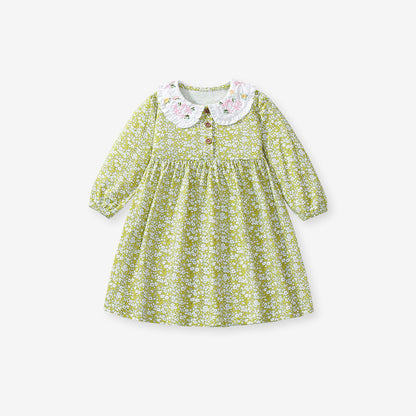 Arrival Autumn Girls Floral Print Embroidered Peter Pan Collar Long Sleeves Princess Dress