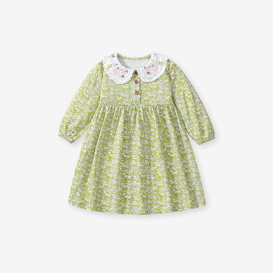 Arrival Autumn Girls Floral Print Embroidered Peter Pan Collar Long Sleeves Princess Dress