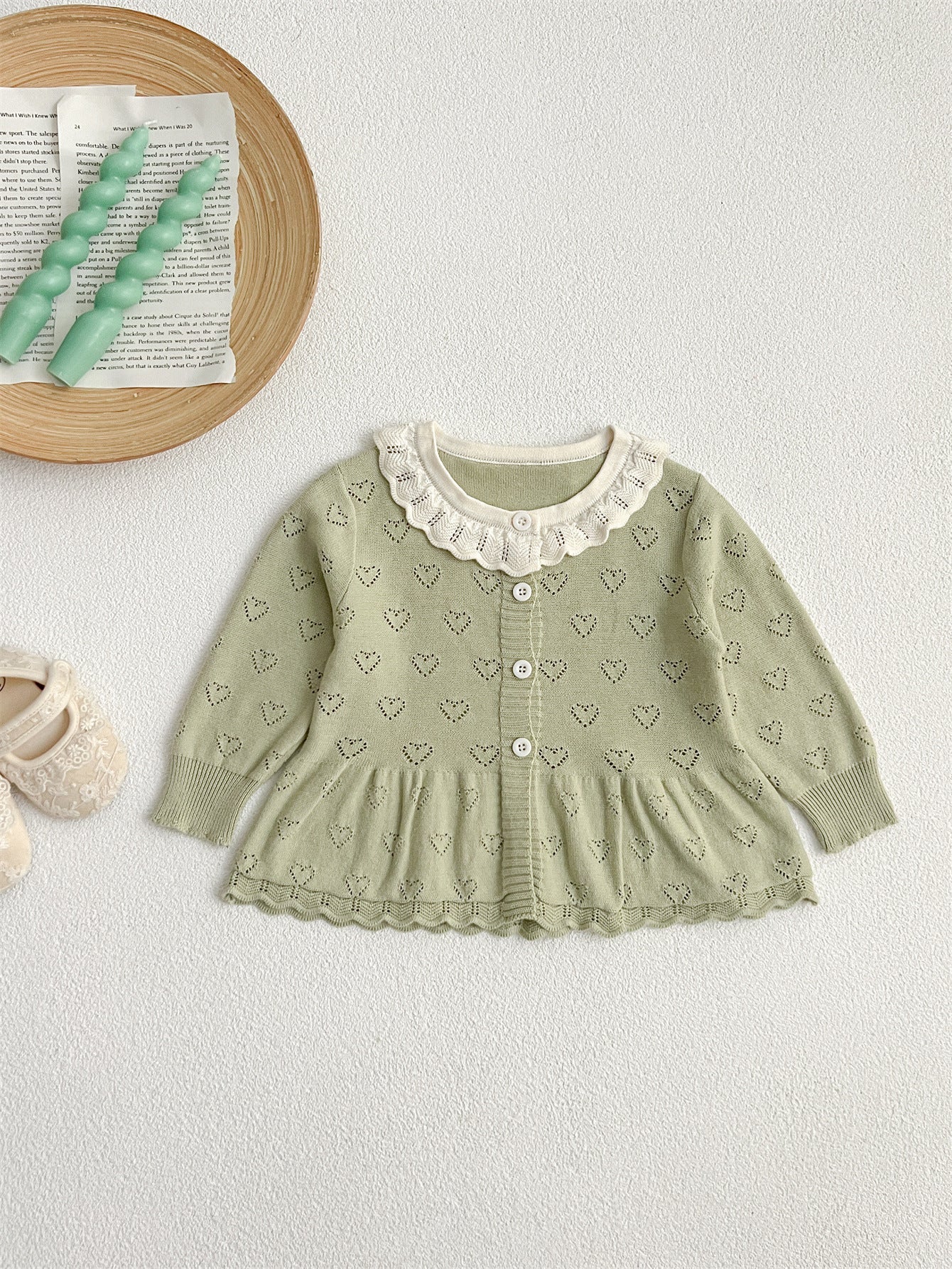 Autumn Arrival Baby Kids Girls Comfortable Hollow-out Design Knitted Long Sleeves Top with Heart Pattern and Collar-2