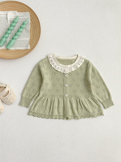 Autumn Arrival Baby Kids Girls Comfortable Hollow-out Design Knitted Long Sleeves Top with Heart Pattern and Collar-2