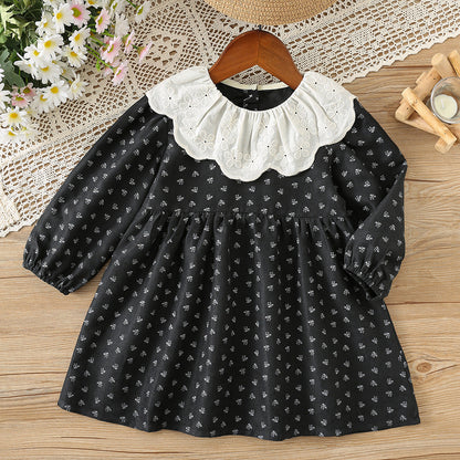 Arrival Autumn Girls Flowers Pattern Long Sleeves Dress with Collar