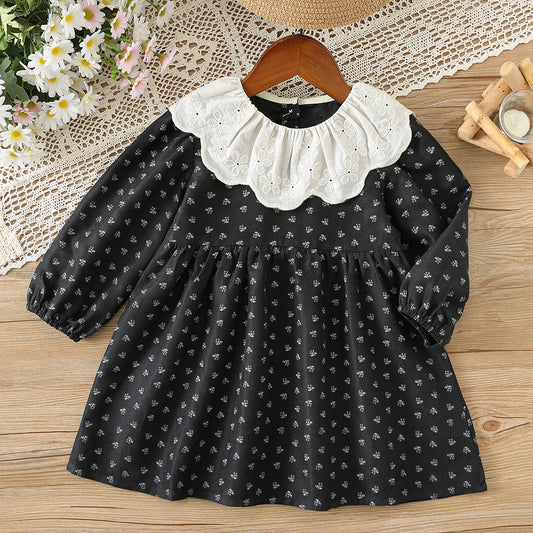 Arrival Autumn Girls Flowers Pattern Long Sleeves Dress with Collar