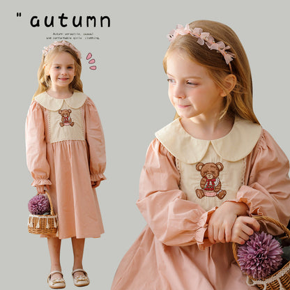 Arrival Autumn Girls Pink Long Sleeves Dress with Teddy Embroidery Pattern