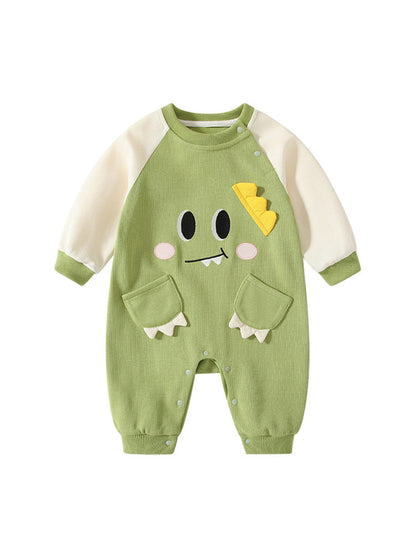 Spring Arrival Baby Cartoon Dragon Pattern Color Patchwork Romper