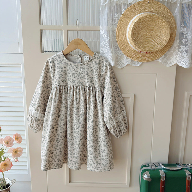 Arrival Autumn Girls Cute Flowers and Lace Embroidery Pattern Long Sleeves Crew Neck Dress-1
