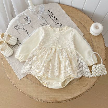 Autumn Arrival Baby Girls Long Sleeves Flowers Pattern Tulle Patchwork Onesies