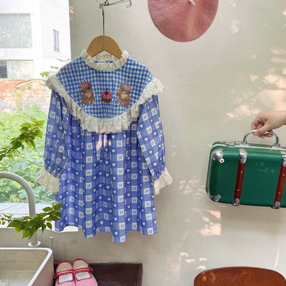 Arrival Girls Autumn Teddy Bear and Plaid Pattern Long Sleeves Dress