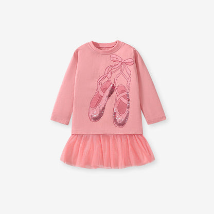 Girls’ Cartoon Dancing Shoes Long Sleeves T-Shirt Dress In European And American Style For Autumn-1