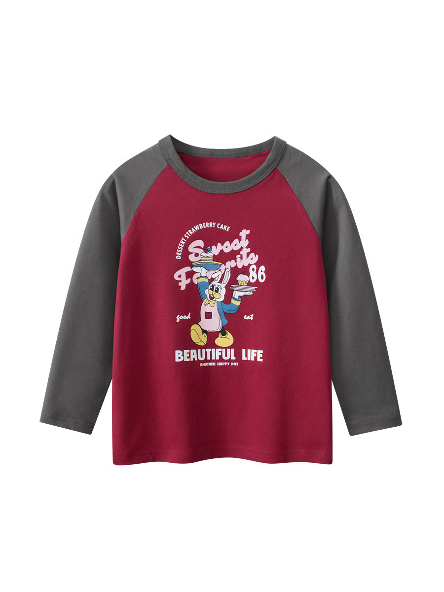 Autumn Arrival Kids Girls Cartoon Print Crew Neck Long Sleeves Color Patchwork Shirt