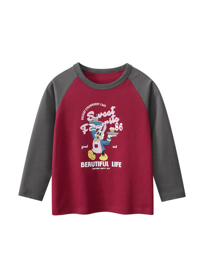 Autumn Arrival Kids Girls Cartoon Print Crew Neck Long Sleeves Color Patchwork Shirt