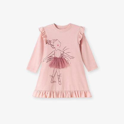 Autumn and Spring Arrival Tulle Decorated Fairy Cartoon Pattern Long Sleeves Dress for Stylish Girls