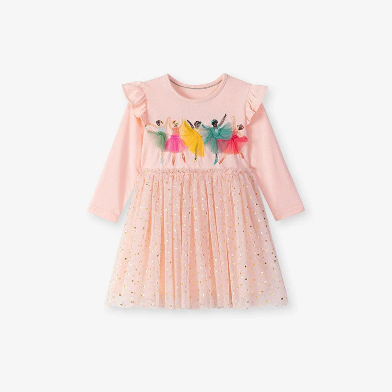 Autumn and Spring Arrival Princess Cartoon Pattern Long Sleeves Tulle Patchwork Dress for Stylish Girls