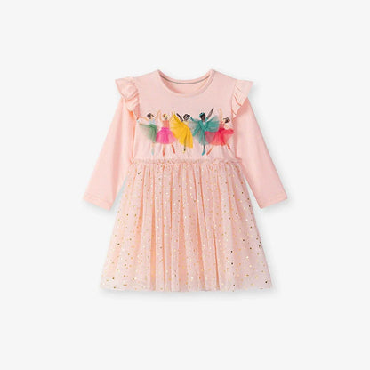 Autumn and Spring Arrival Princess Cartoon Pattern Long Sleeves Tulle Patchwork Dress for Stylish Girls
