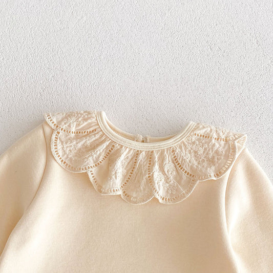 Newborn Baby Girls Crew Neck Lace Collar Long Sleeves Solid Beige Thick Warm Onesie