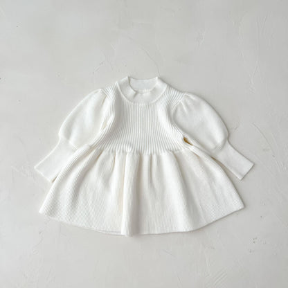 Baby Girl Solid Lantern-Sleeved Knitting Dress In Autumn