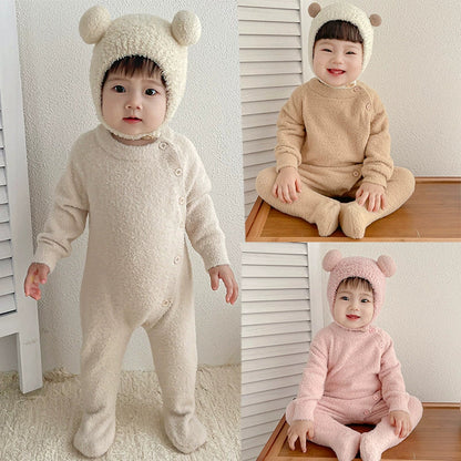 Autumn and Winter Arrival Unisex Baby’s Solid Color Crew Neck Fluffy Rompers