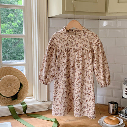 Arrival Autumn Girls Vintage Flowers Pattern Long Sleeves Ruffle Neck Dress-0