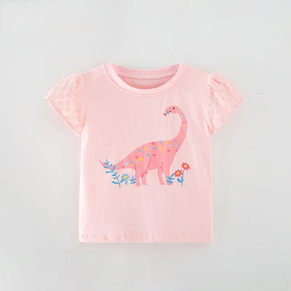 Girls’ Cartoon Pink Dinosaur Print Short Sleeves T-Shirt In European And American Style For Summer