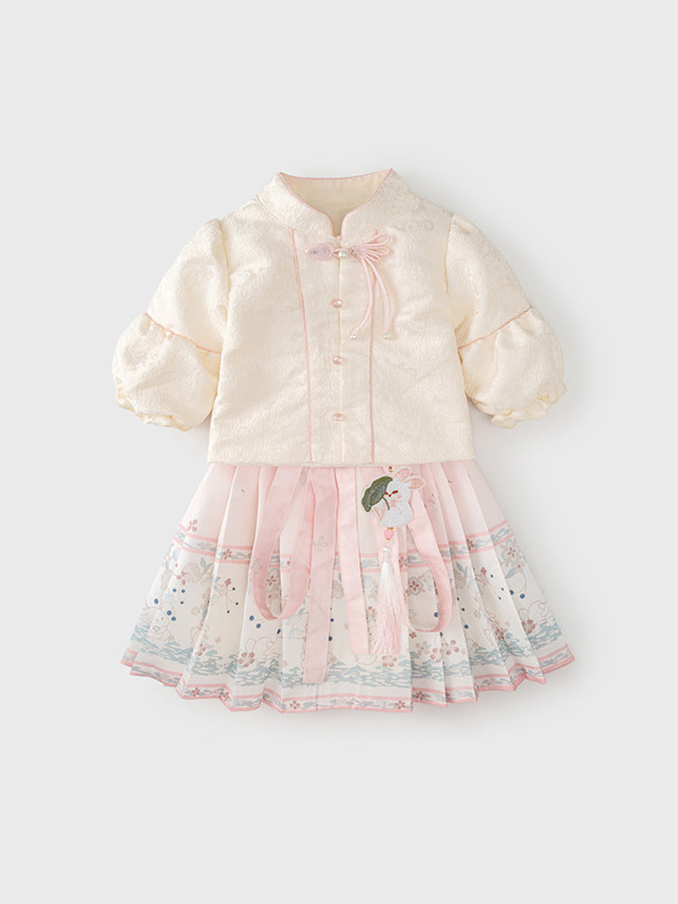 Autumn Arrival Baby Girls Simple Stand Collar Top and Rabbits Pattern Skirt Clothing Set-0