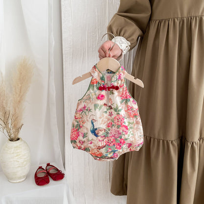 Hot Selling Summer Baby Kids Girls Flowers Pattern Sleeveless Stand Collar Onesies