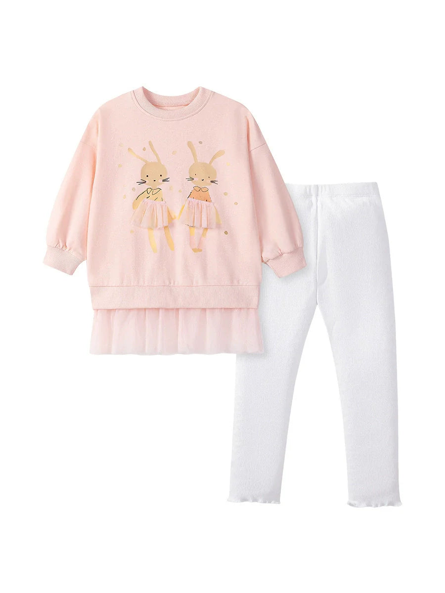 Spring and Autumn Girls Rabbits Cartoon Pattern Long Sleeves Sweatshirt and White Pants Clothing Set