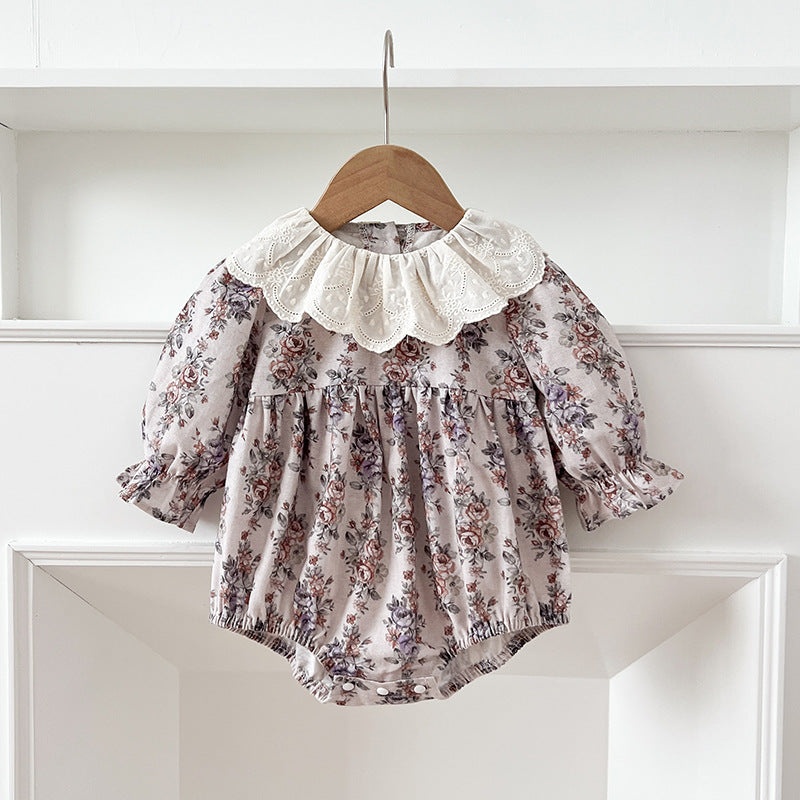 Spring Baby Girls French-style Floral Printed Long-sleeved Onesies and Dress – Princess Sister Matching Set-4