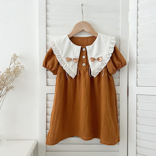 New Arrival Summer Girls Vintage Countryside Double-Bow Collar Short Sleeves Dress