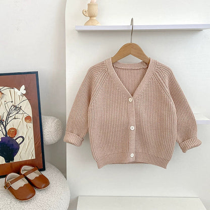 Autumn Arrival Baby Kids Unisex Comfortable Solid Color Knitted Long Sleeves V Neck Cardigan-1