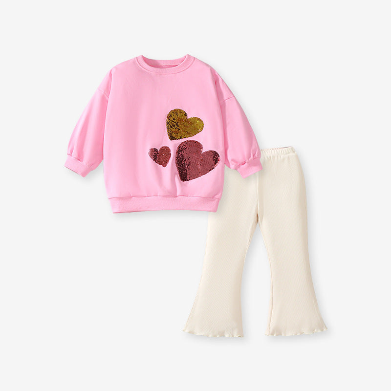 Arrival Spring And Autumn Girls Fashion Sequin Heart Long Sleeves Top T-Shirt And Flared Pants Clothing Set-1