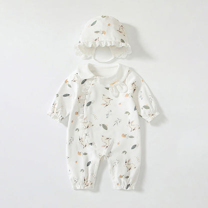 Spring New Arrival Baby Girls Flowers and Rabbits Pattern Romper with Cute Collar
