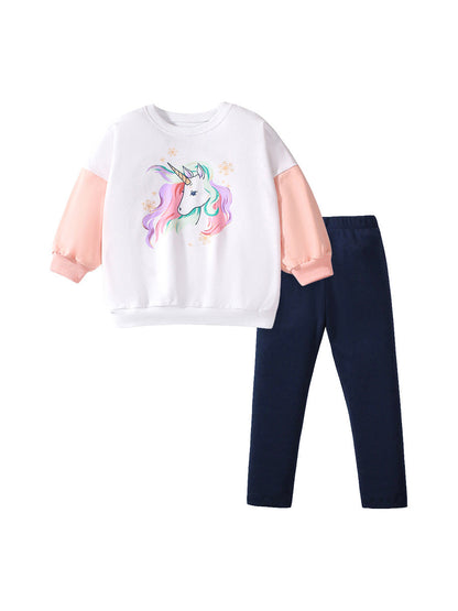 Spring And Autumn Girls Cartoon Unicorn Pattern Long Sleeves Crew Neck Top Sweatshirt And Pants Clothing Set